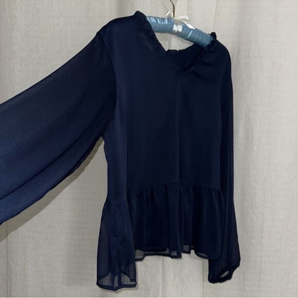 LOFT M Navy Chiffon Ruffle Neck Back V-Neck Sheer Sleeve Peplum Blouse - Picture 10 of 14